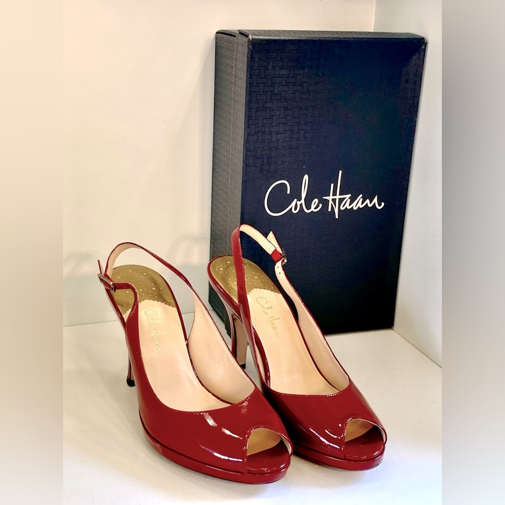 Cole Haan 8.5 B CARMA OT.AIR. Sling Claret Patent Red Peep Toe Heels